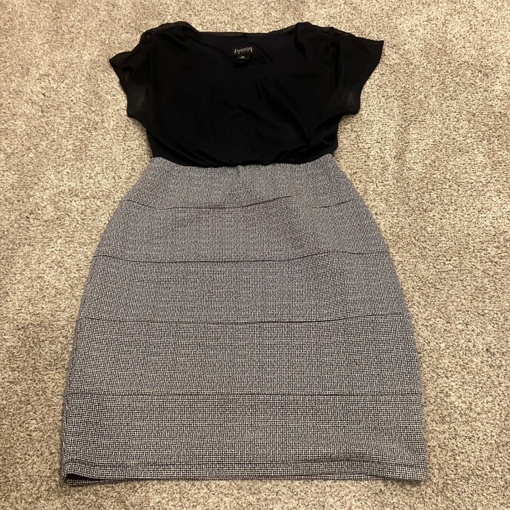 Petite Black Sheath Dress Grey Tiered Skirt Sheer Flutter Sleeve 6P Officecore